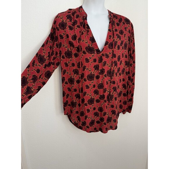 Free People Mia Blouse Size M Peasant Floral Popover Rust Red Rayon Boho EUC - Picture 2 of 8